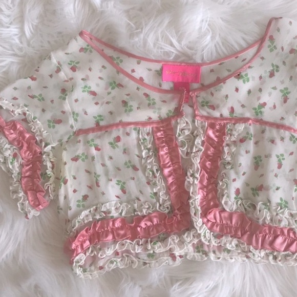 BETSEY JOHNSON SATIN PINK & WHITE FLORAL SHEER CROPPED BOLERO - Picture 4 of 13